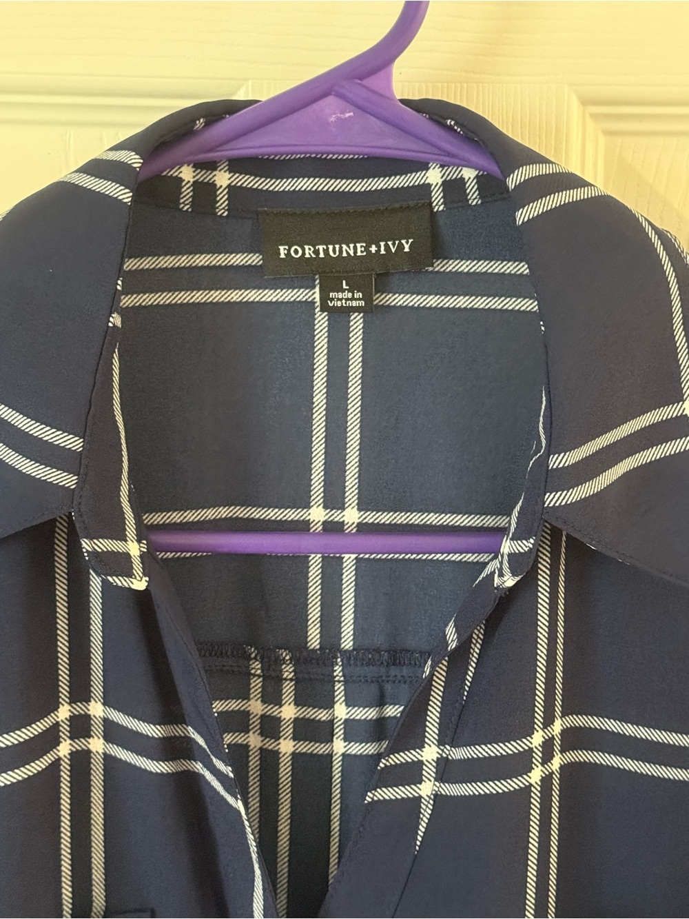Fortune + Ivy Navy Windowpane Plaid Button Front Blouse Top Size Large - Picture 3 of 12